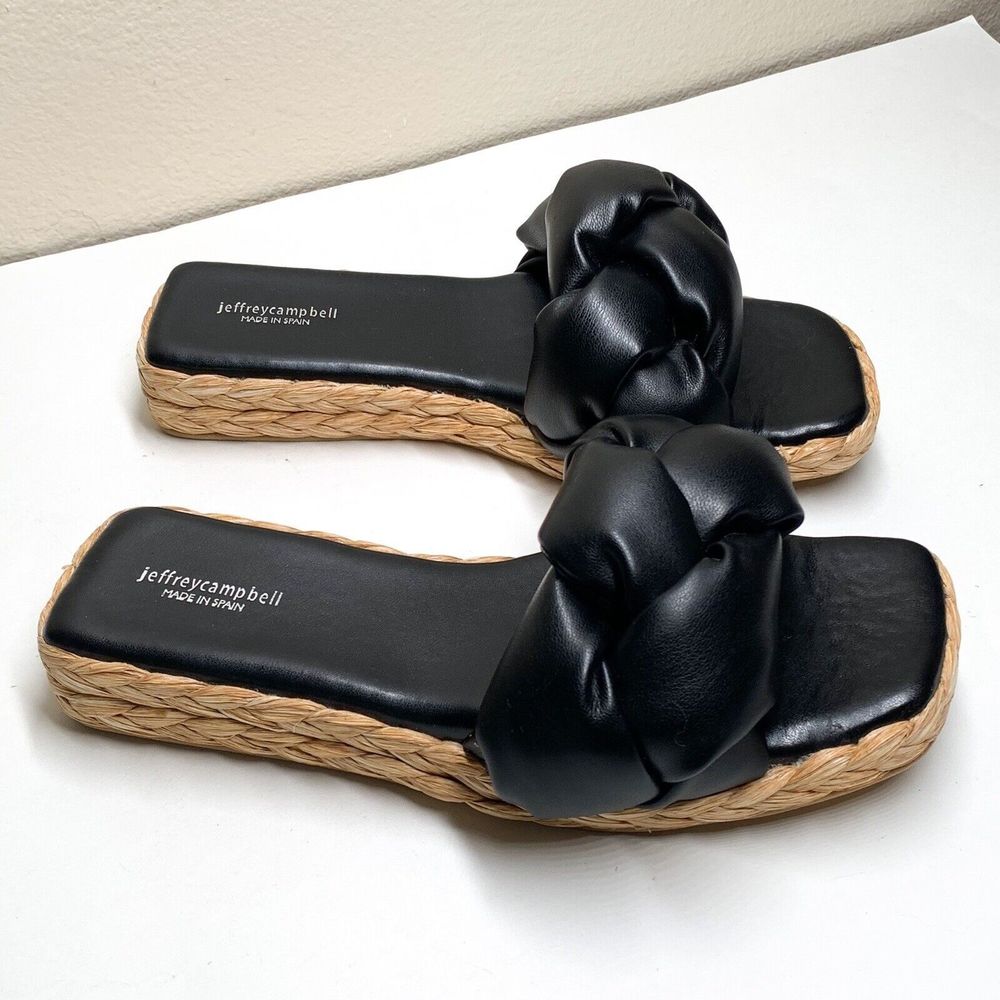 Jeffrey Campbell Quadro Espadrille Slide Sandals 36 Black Puffy Braided Leather